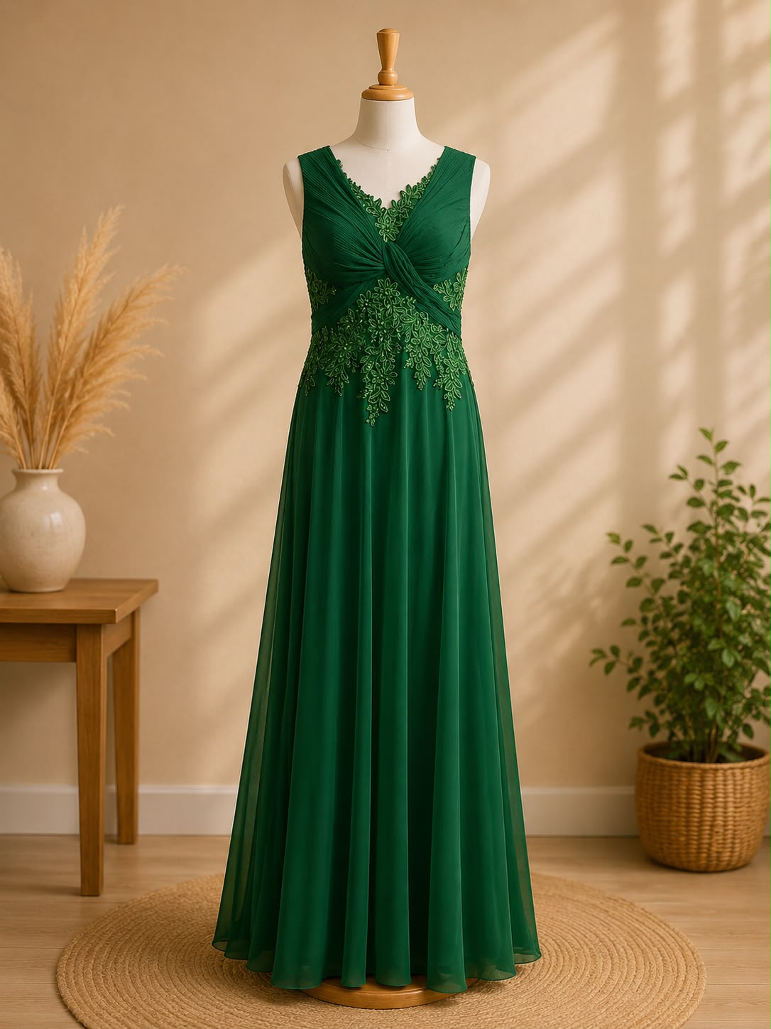 Elegant Emerald Green Chiffon Maxi Dress | Formal V-Neck Long Gown with Lace Embroidery