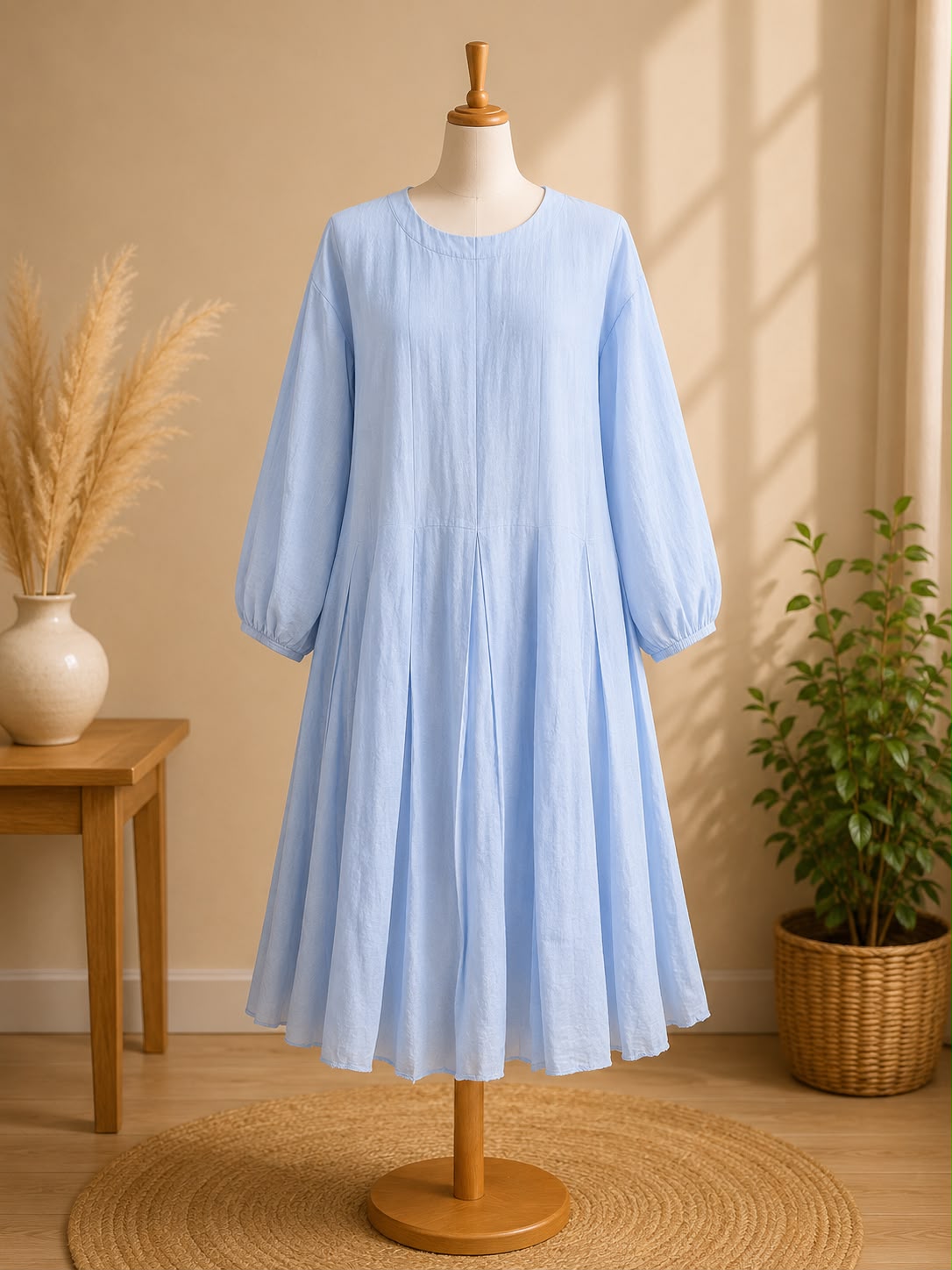 Pastel Light Blue Chiffon Pleated Frock - Casual Long Sleeve Summer Midi Dress