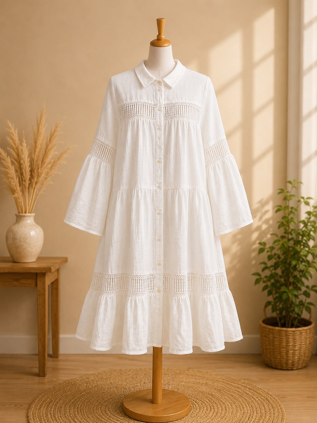 White Chiffon Tiered Shirt Dress - Long Bell Sleeve Hollow Out Lace Pleated Maxi