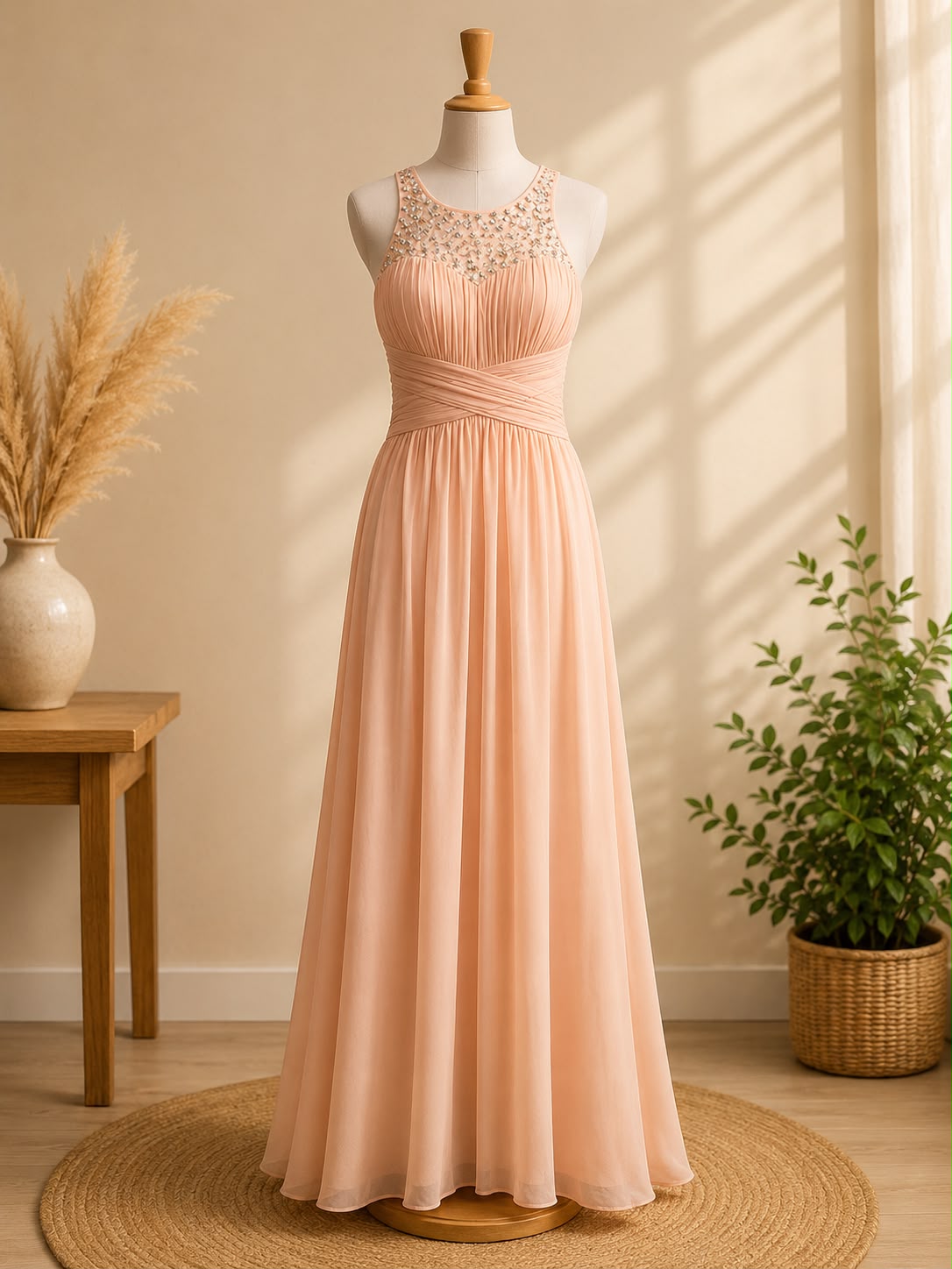 Elegant Peach Chiffon Maxi Dress - Crystal Beaded Illusion Neckline Formal Prom Gown