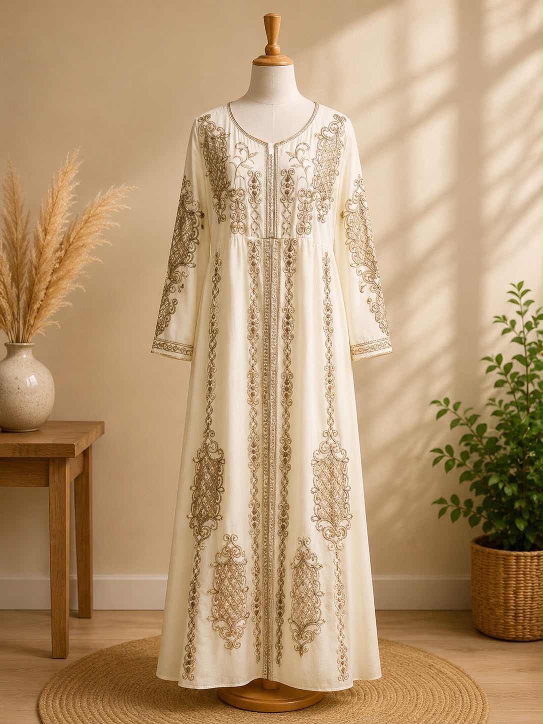 Off White Chiffon Kaftan Maxi Dress - Gold Embroidered Modest Formal Long Gown