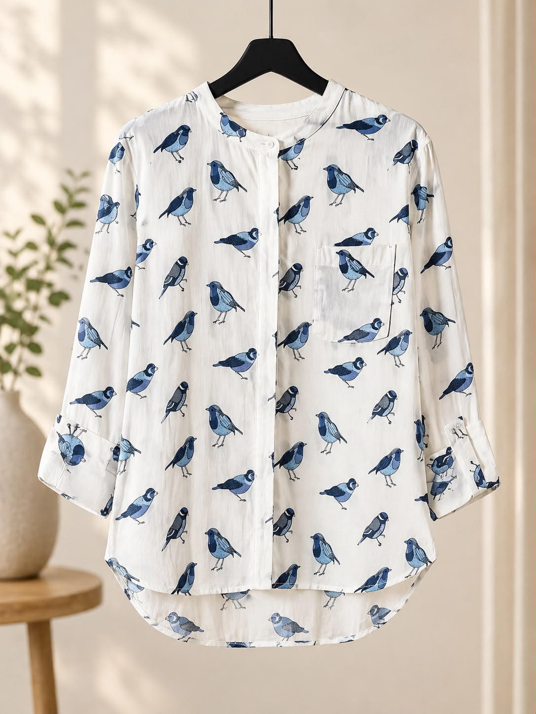 White Chiffon Button Down Blouse with Blue Bird Print Maxi Dress - Casual Long Sleeve Mandarin Collar Shirt