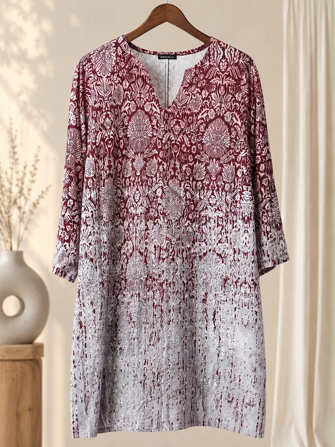 Maroon Ombre Chiffon Tunic Maxi Shirt- Casual V-Neck Damask Print Short Frock