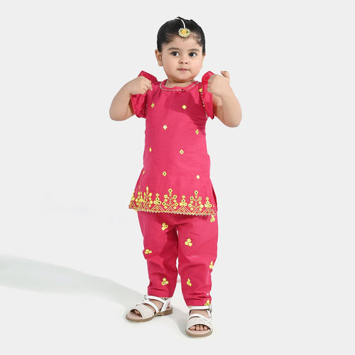 Infant Girls Cotton Slub 2Pc Suit (Pari) - Shocking Pink