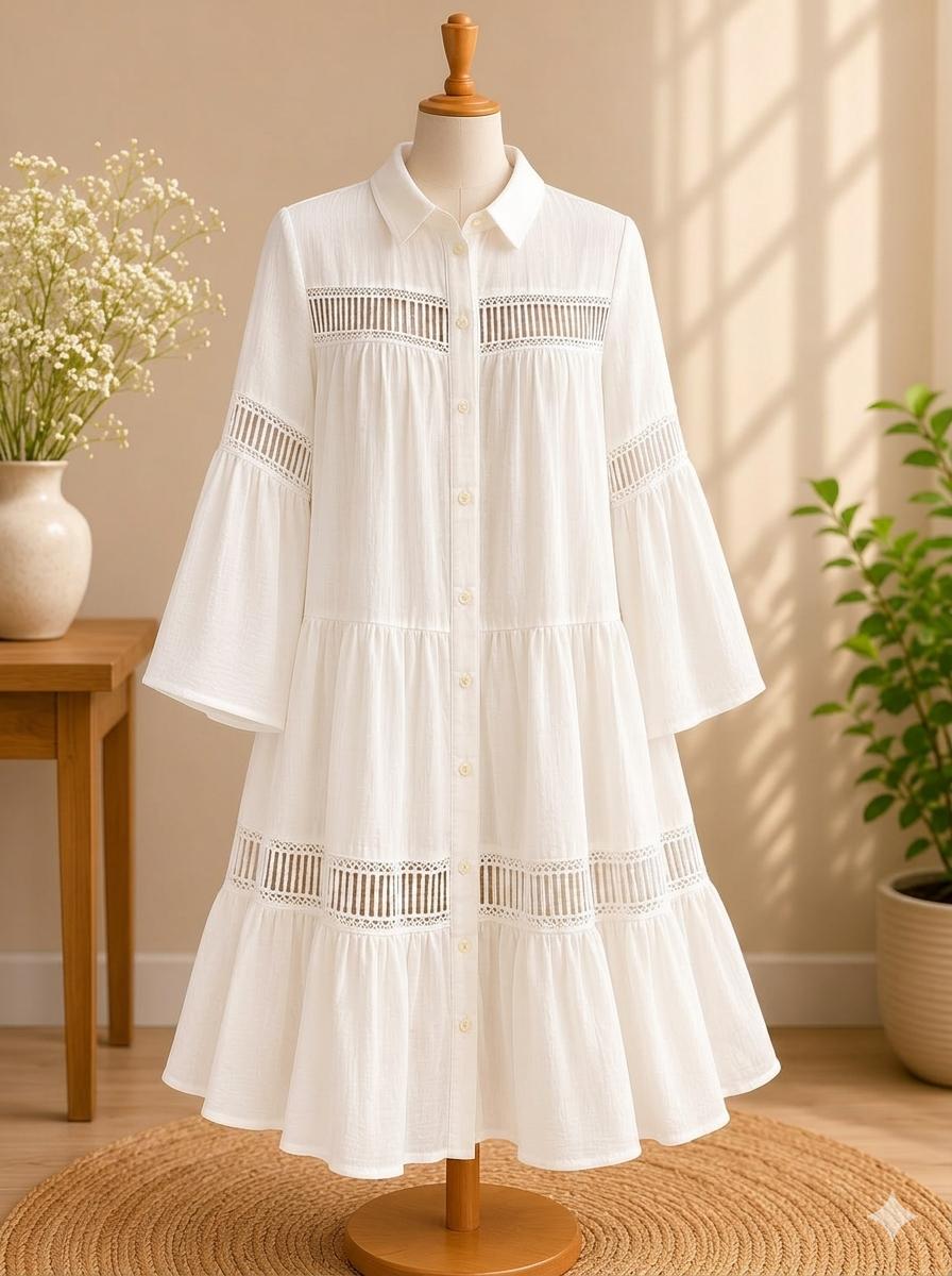 White Chiffon Tiered Maxi Dress - Long Bell Sleeve Hollow Out Lace Pleated Frock