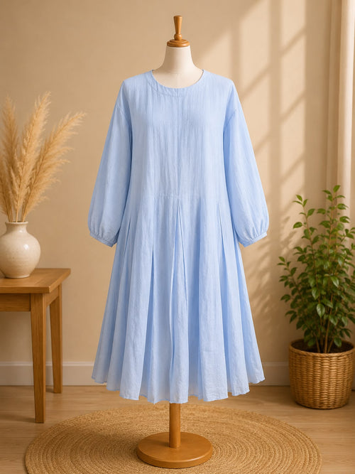 Pastel Light Blue Chiffon Pleated Frock - Casual Long Sleeve Summer Midi Dress