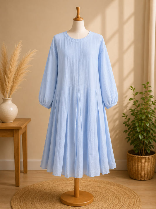Pastel Light Blue Chiffon Pleated Frock - Casual Long Sleeve Summer Midi Dress
