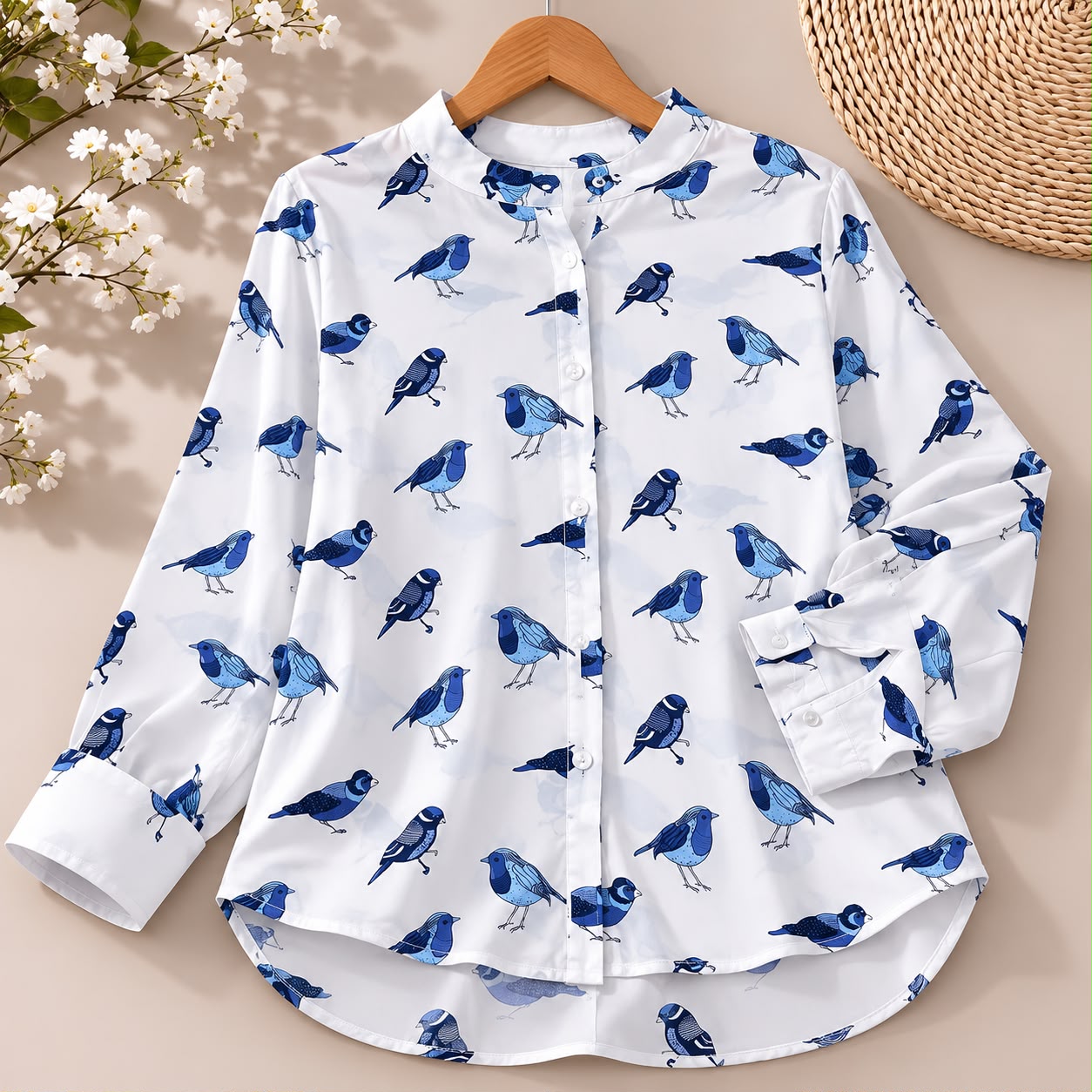 White Chiffon Button Down Blouse with Blue Bird Print - Casual Long Sleeve Mandarin Collar Shirt