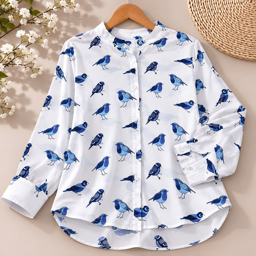 White Chiffon Button Down Blouse with Blue Bird Print - Casual Long Sleeve Mandarin Collar Shirt