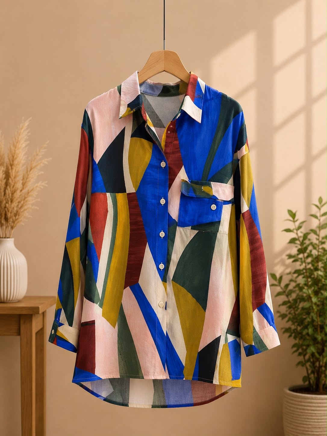 Multicolor Abstract Geometric Chiffon Blouse - Casual Long Sleeve Button Down Tunic Maxi