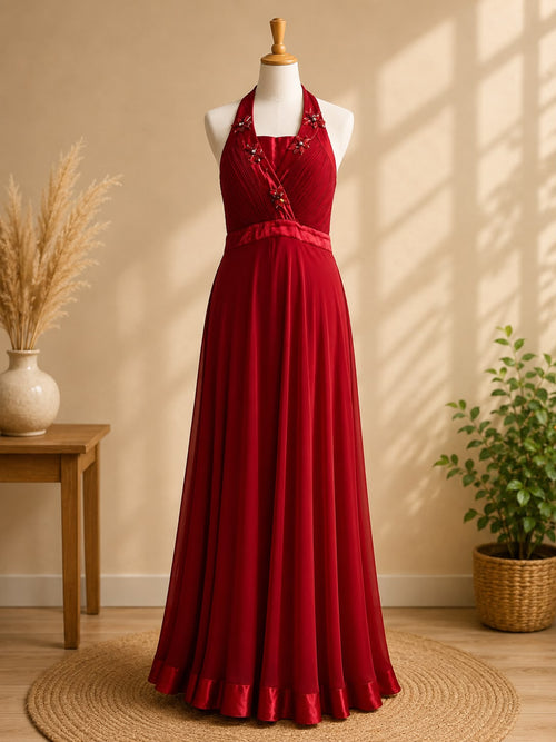 Elegant Crimson Red Chiffon Maxi Dress - Halter Neck Formal Gown with Floral Appliqués