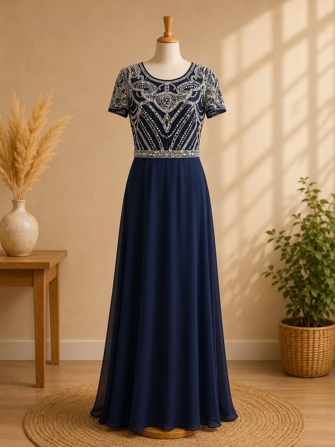 Navy Blue Chiffon Maxi Dress - Sequin Embroidered Formal Evening Long Gown