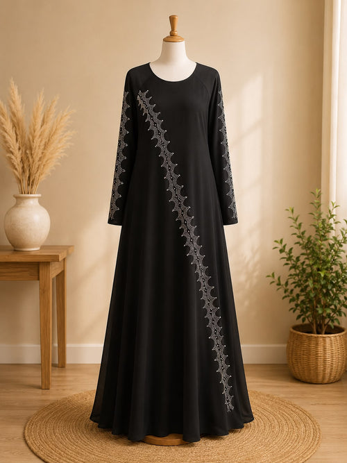 Elegant Black Chiffon Maxi Dress - Rhinestone Embellished Modest Long Gown