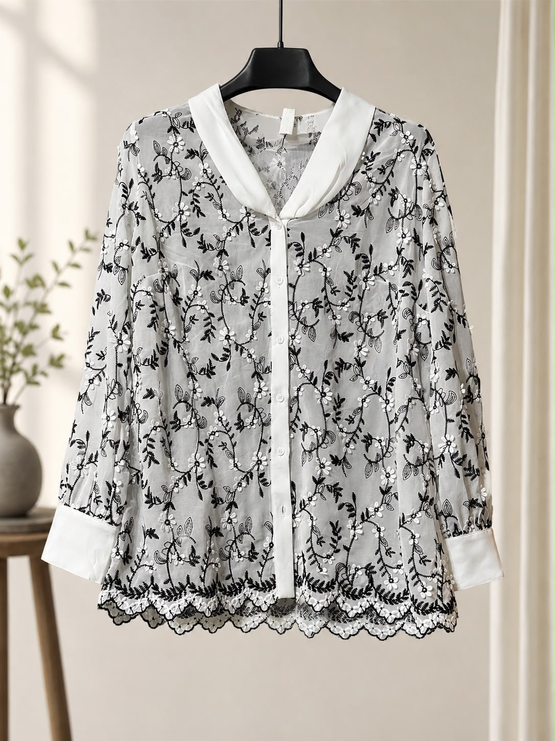 White Chiffon Floral Embroidered Blouse Maxi Dress - Long Sleeve Shawl Collar Button Down Shirt