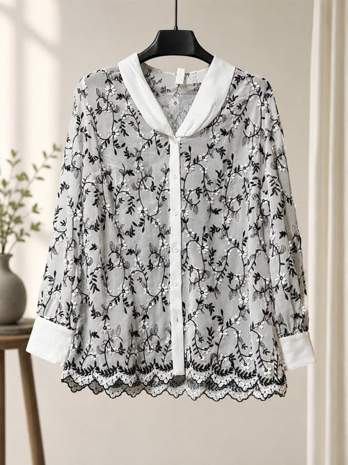White Chiffon Floral Embroidered Blouse Maxi Dress - Long Sleeve Shawl Collar Button Down Shirt