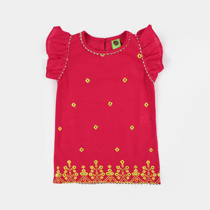 Infant Girls Cotton Slub 2Pc Suit (Pari) - Shocking Pink